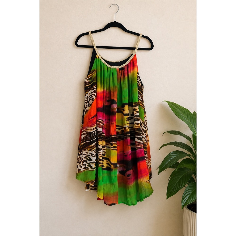 Kaktus XL Colorful Babydoll Dress Animal Print Jewel Tone Boho Festival Flowy